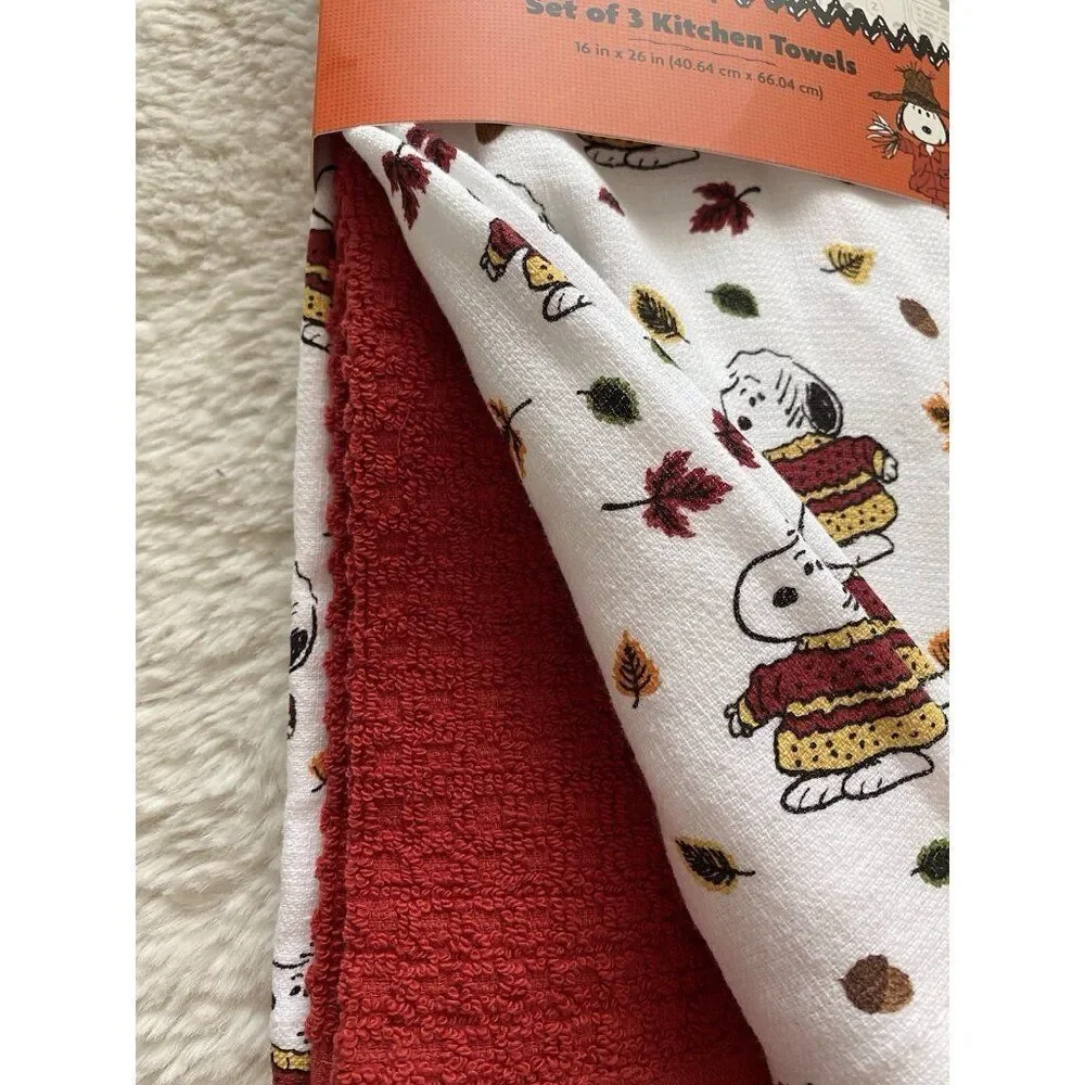 3 Pack Peanuts Snoopy Chunky‎ Sweater Fall Autumn Leaves Kitchen Towels 16 X 26”